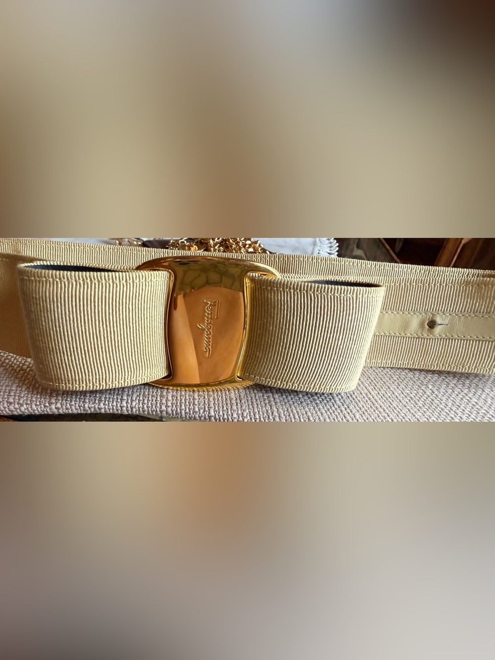 Vintage Salvatore Ferragamo Vara Bow Ribbon Belt Beige Gold